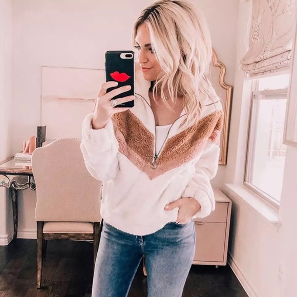 SOLD OUT White Pink & Beige Striped Chevron Fleece Pullover - Picture 3 of 5